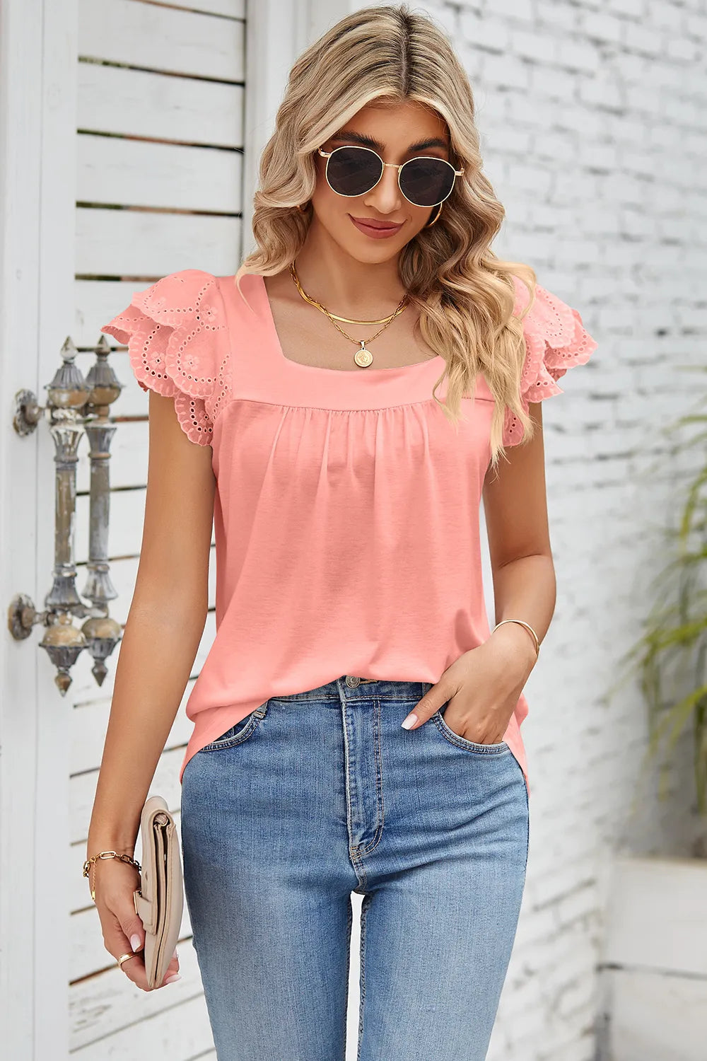 Eyelet Square Neck Cap Sleeve Blouse (15)