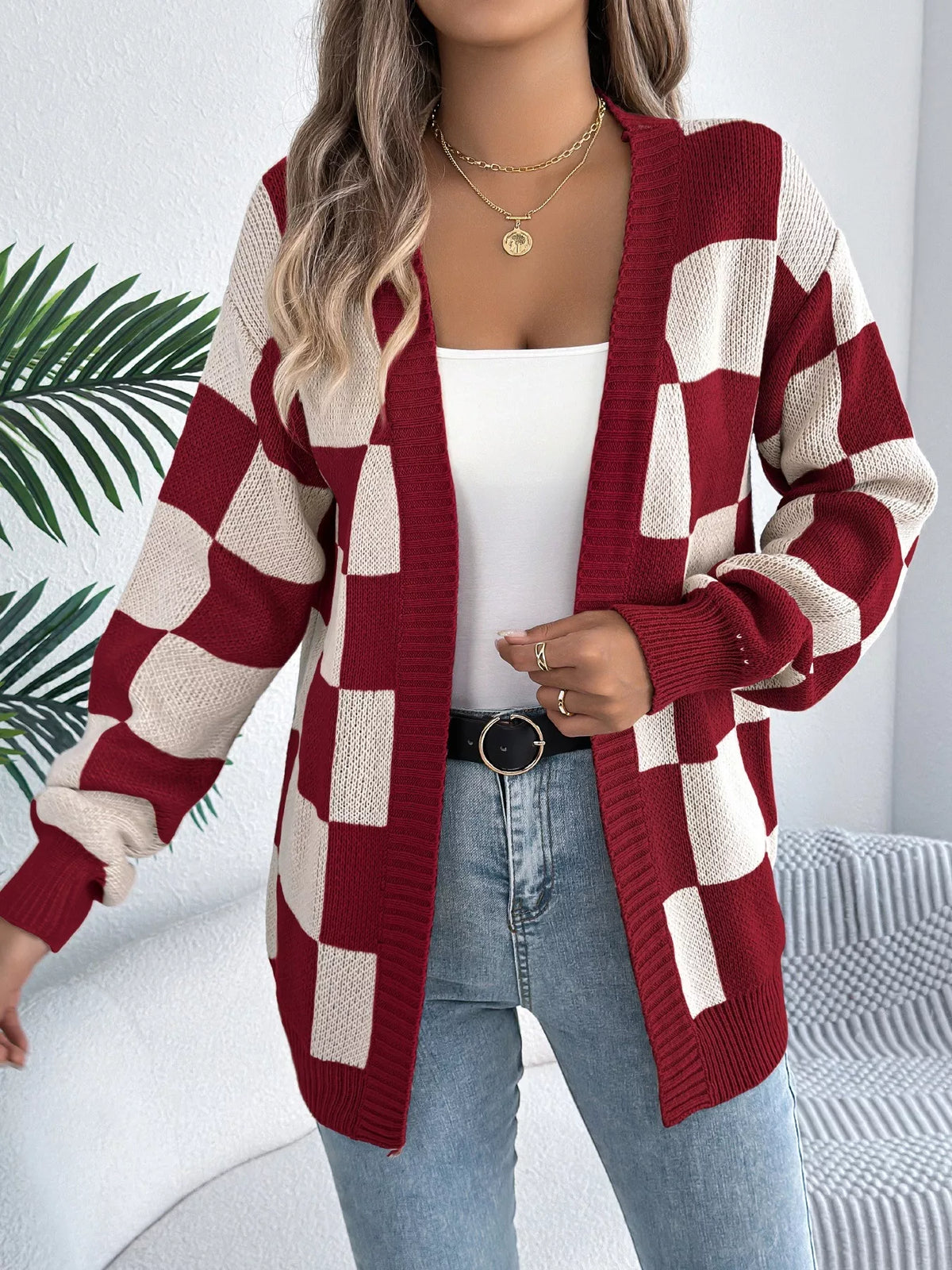 Checkered Pattern Open Front Cardigan (2)