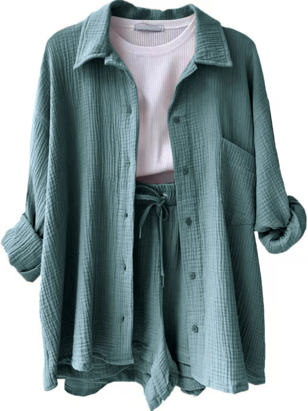 Textured Button Up Shirt Shorts Set