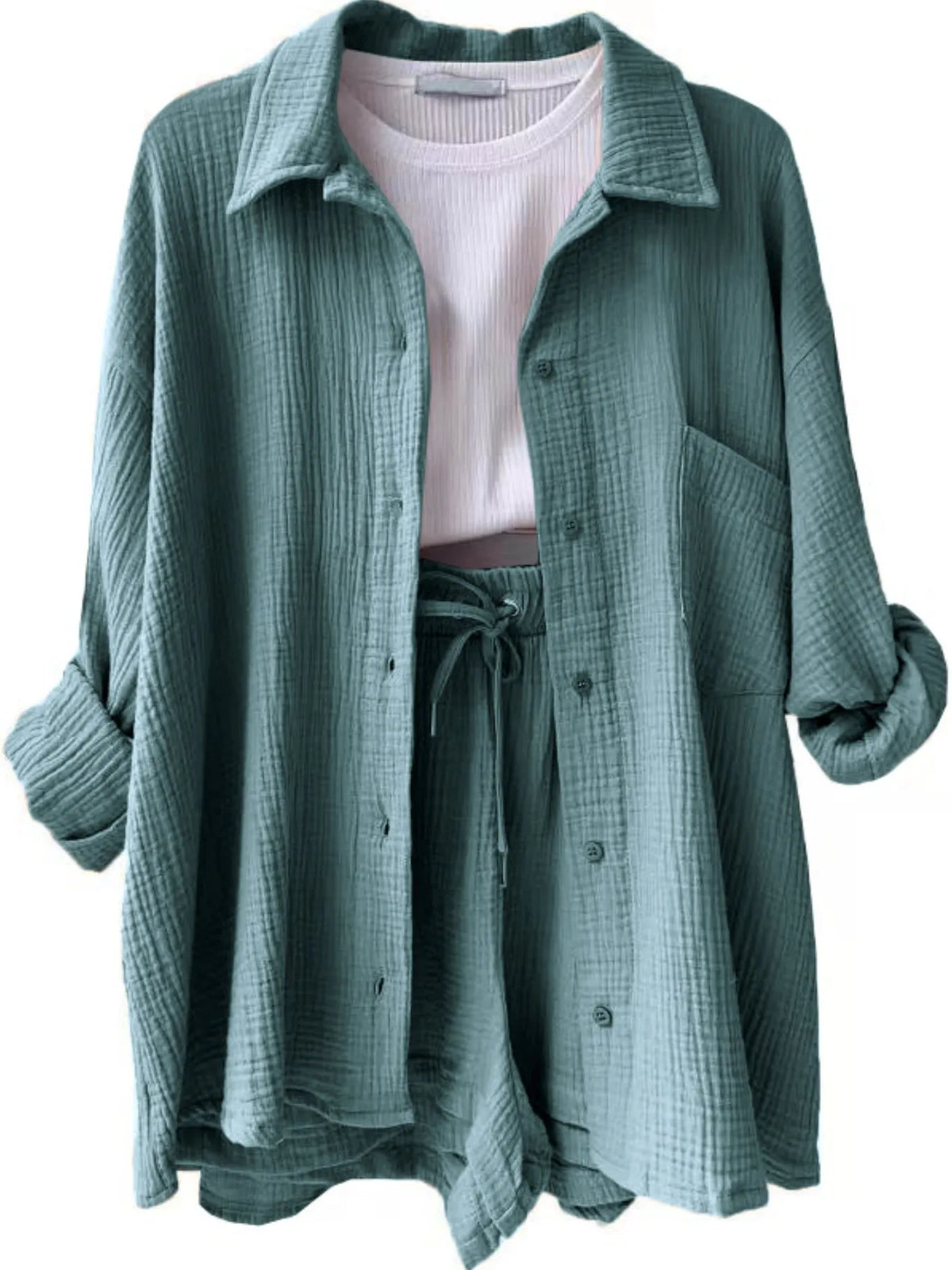 Textured Button Up Shirt Shorts Set