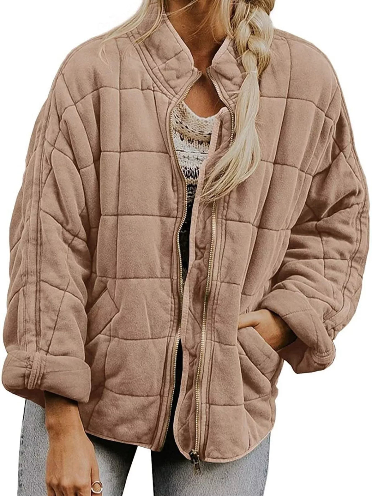 Full Size Zip Up Quilted Bomber Jacket Plus (10)