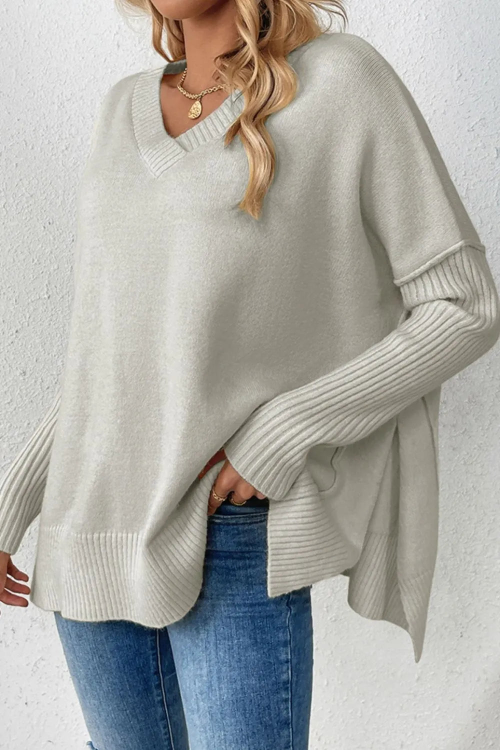 Slit V-neck Dropped Shoulder Sweater (8)