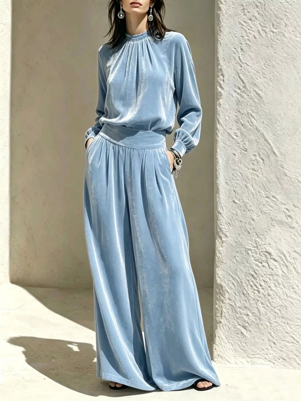 Velvet Mock Neck Long Sleeve Top Wide-leg Pants Set