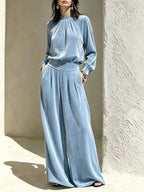 Velvet Mock Neck Long Sleeve Top Wide-leg Pants Set