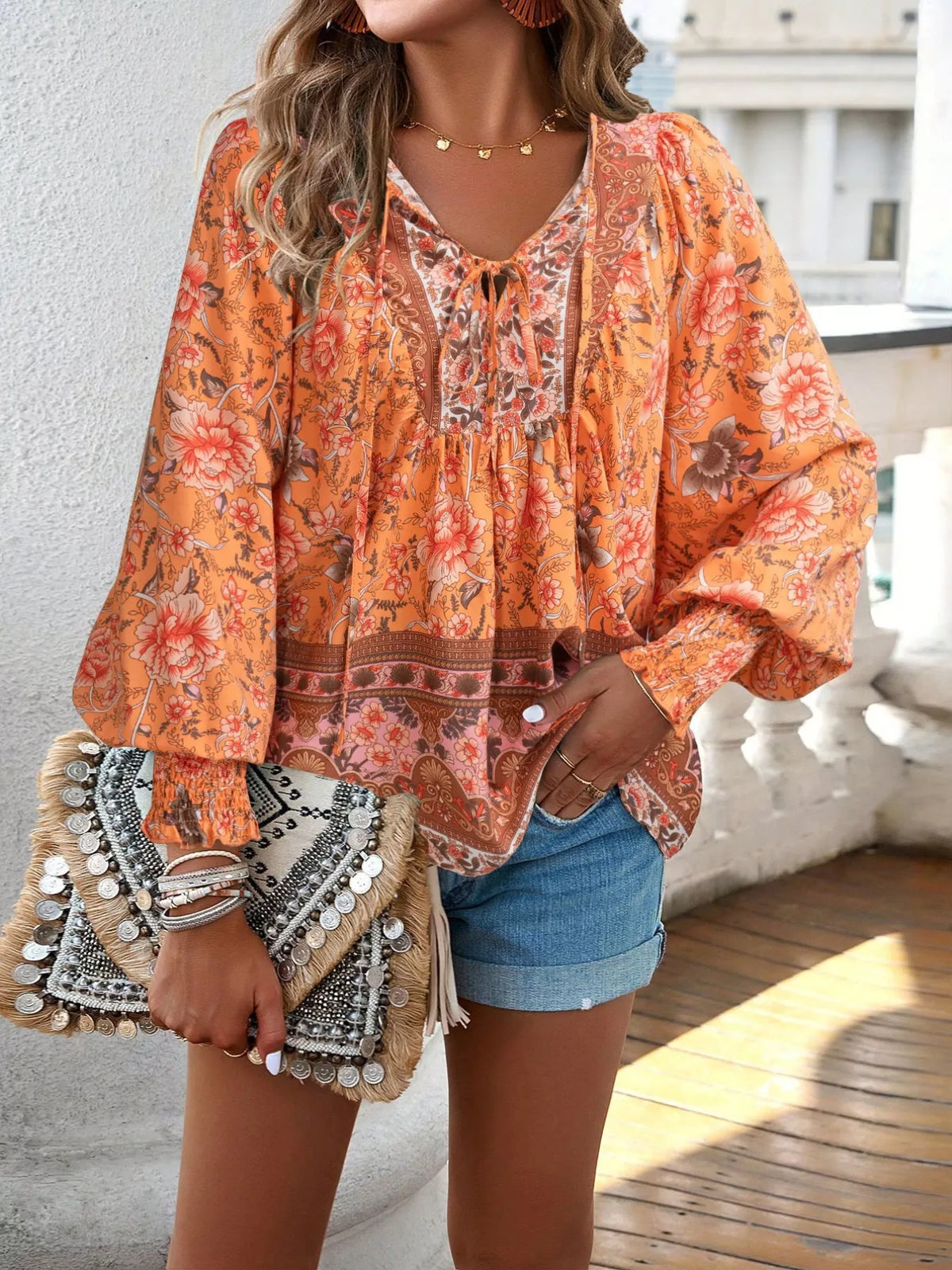 Floral Print Tie Neck Bohemian Blouse (11)