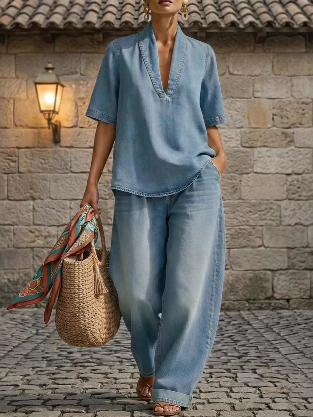 Full Size Half Sleeve Top Wide Leg Pants Set Plus