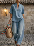 Full Size Half Sleeve Top Wide Leg Pants Set Plus