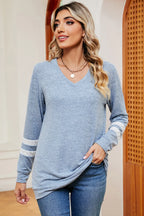 Striped V-neck Long Sleeve T-shirt (22)
