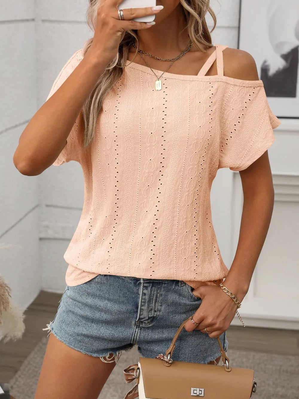 Eyelet Asymmetrical Shoulder Short Sleeve T-shirt (4)
