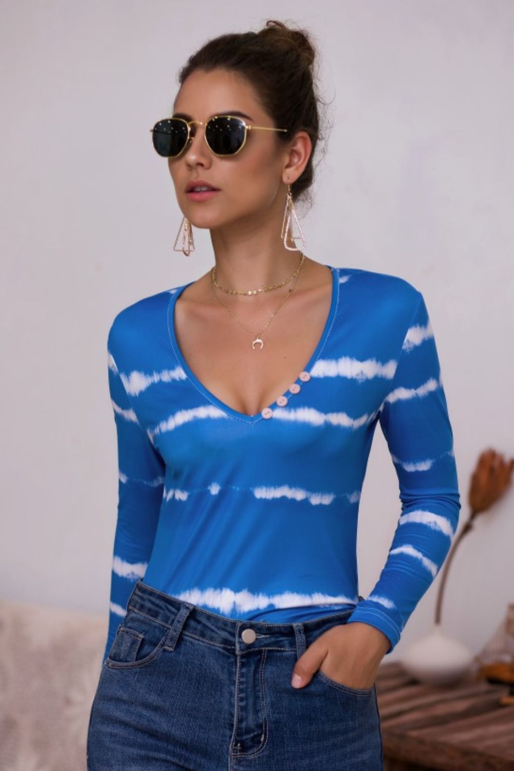 Tie-dye Plunge Long Sleeve Top (8)