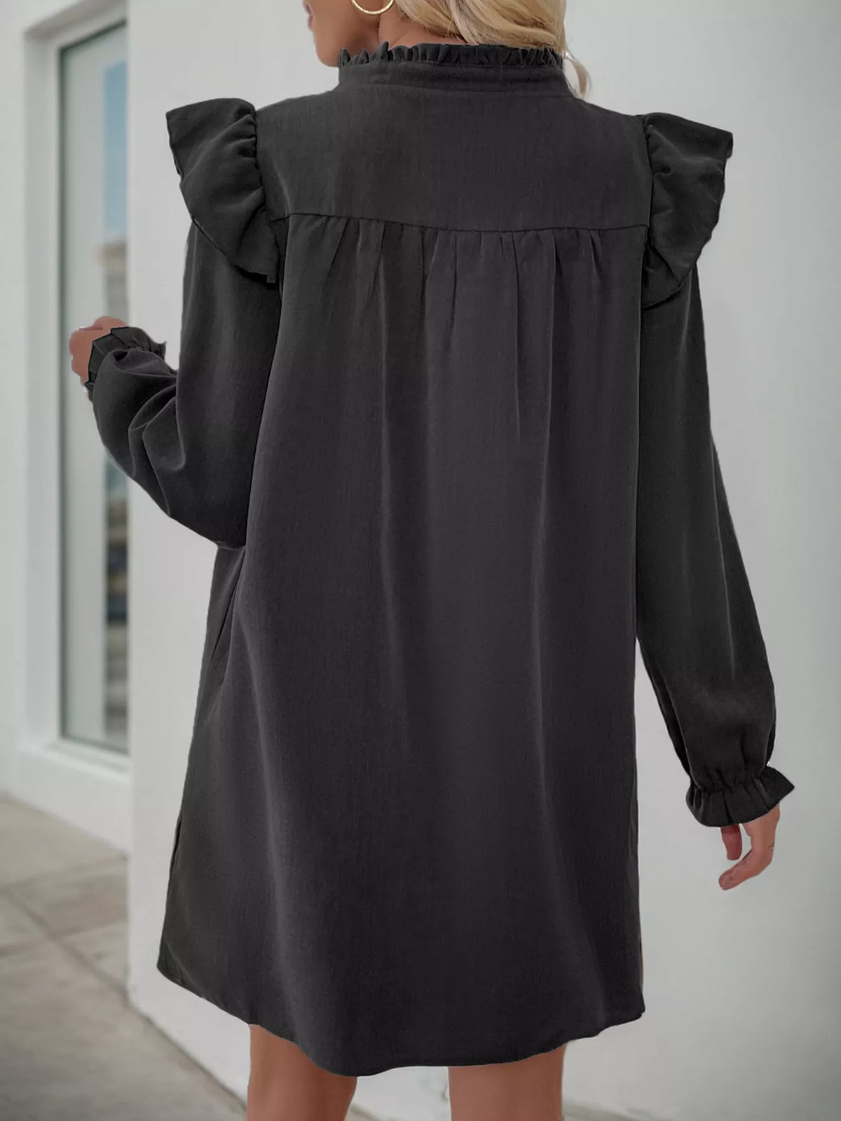 Ruffled Notched Long Sleeve Dress (16)
