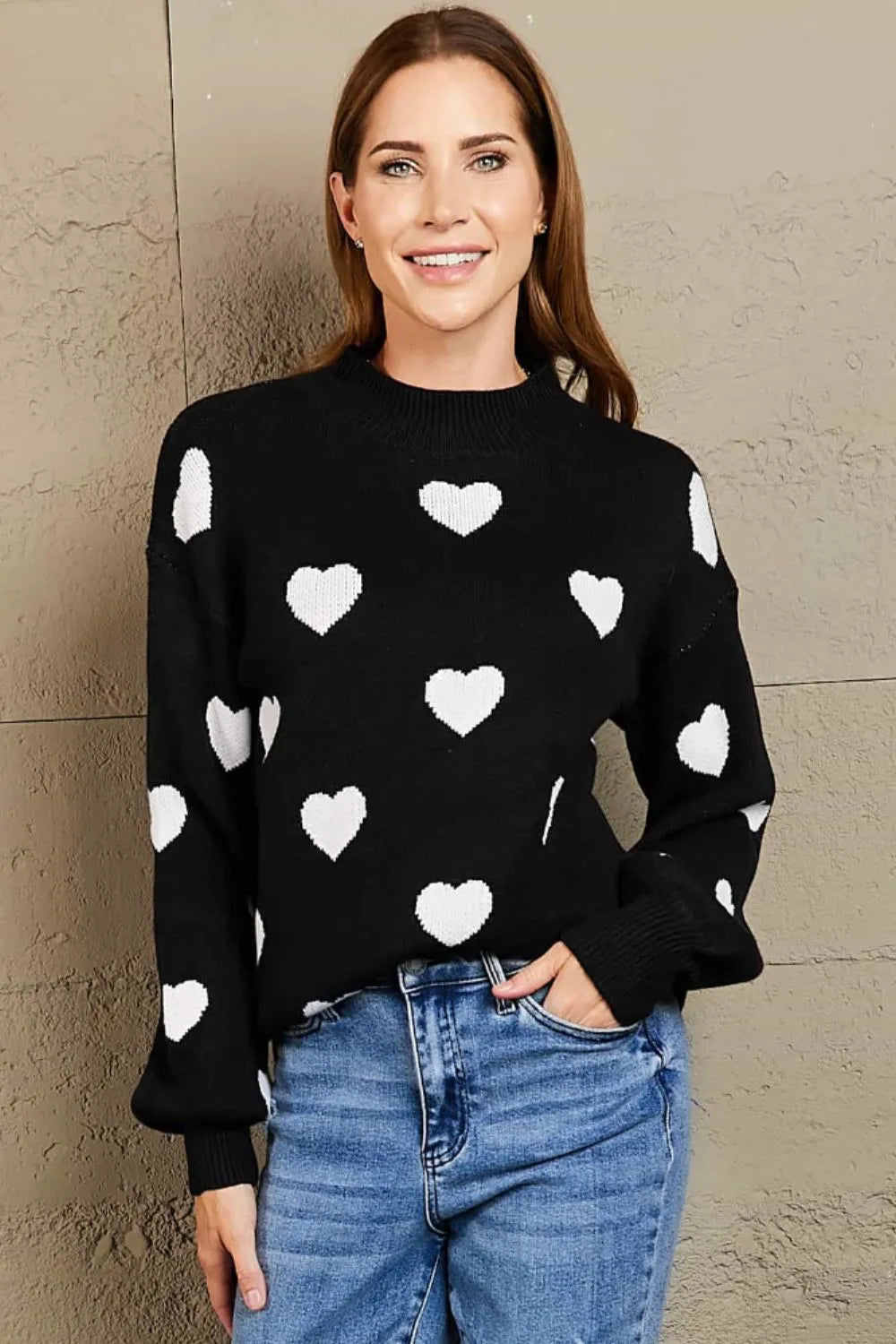 Heart Pattern Lantern Sleeve Round Neck Tunic Sweater (4)