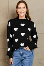 Heart Pattern Lantern Sleeve Round Neck Tunic Sweater (4)