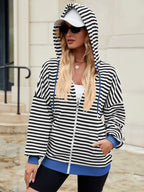 Drawstring Striped Zip Up Long Sleeve Hoodie (10)