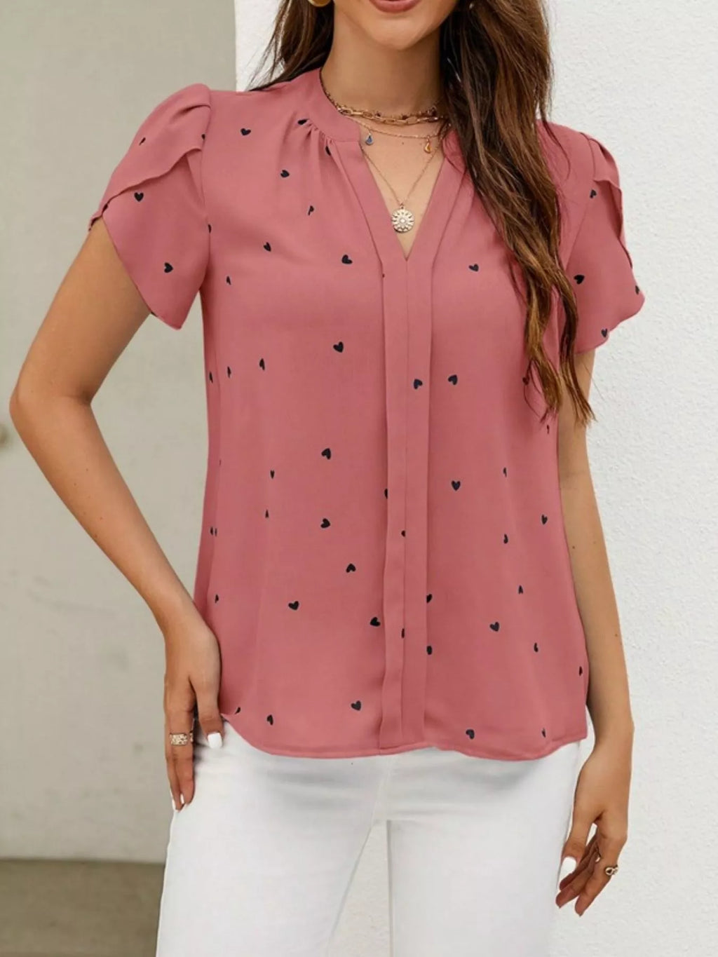 Heart Print Petal Sleeve Blouse (9)