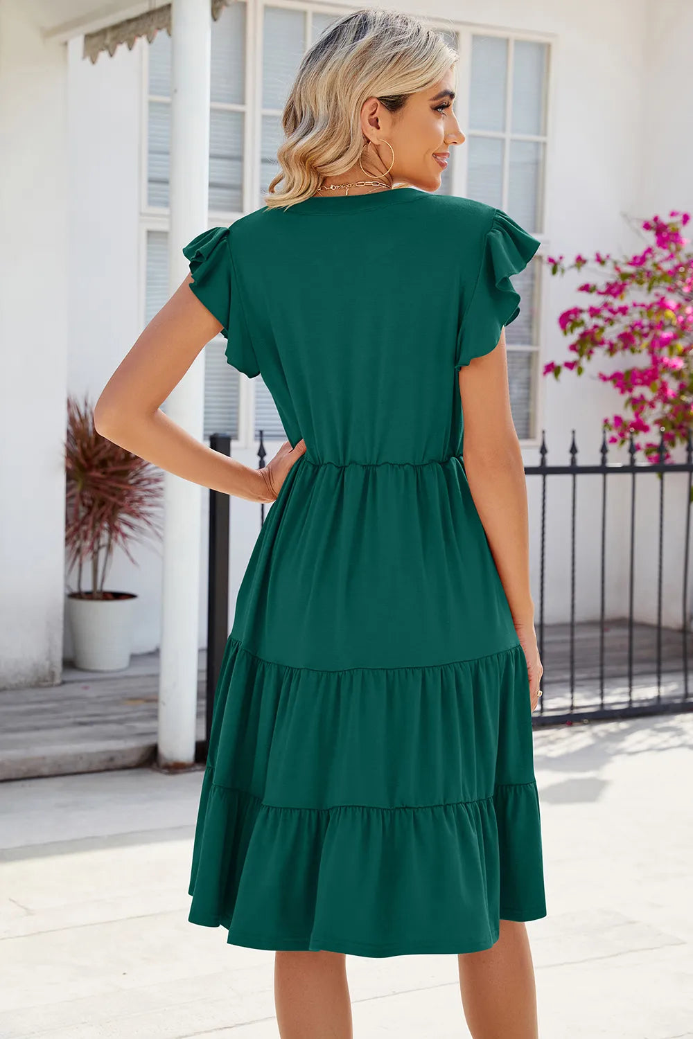 Ruched Notched Cap Sleeve Dress (2)