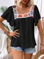 Embroidered Square Neck Flutter Sleeve Blouse (8)