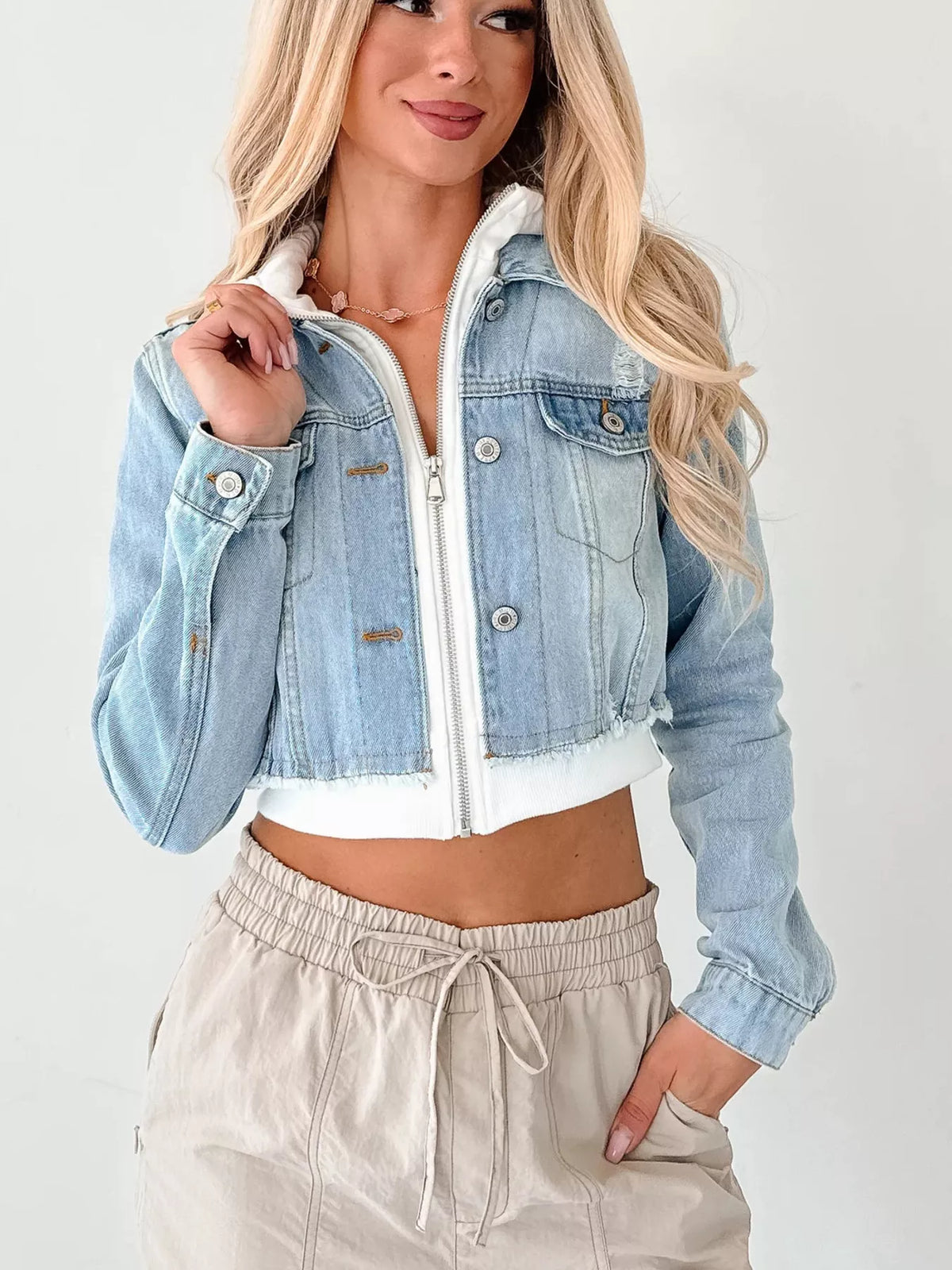 Distressed Zip Up Cropped Hooded Denim Jacket (5)