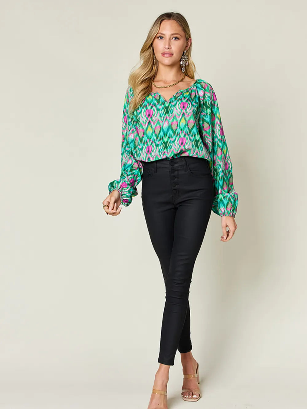 Full Size Printed Balloon Sleeve Blouse (25)