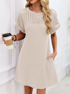 Lace Round Neck Short Sleeve T-shirt Dress (7)