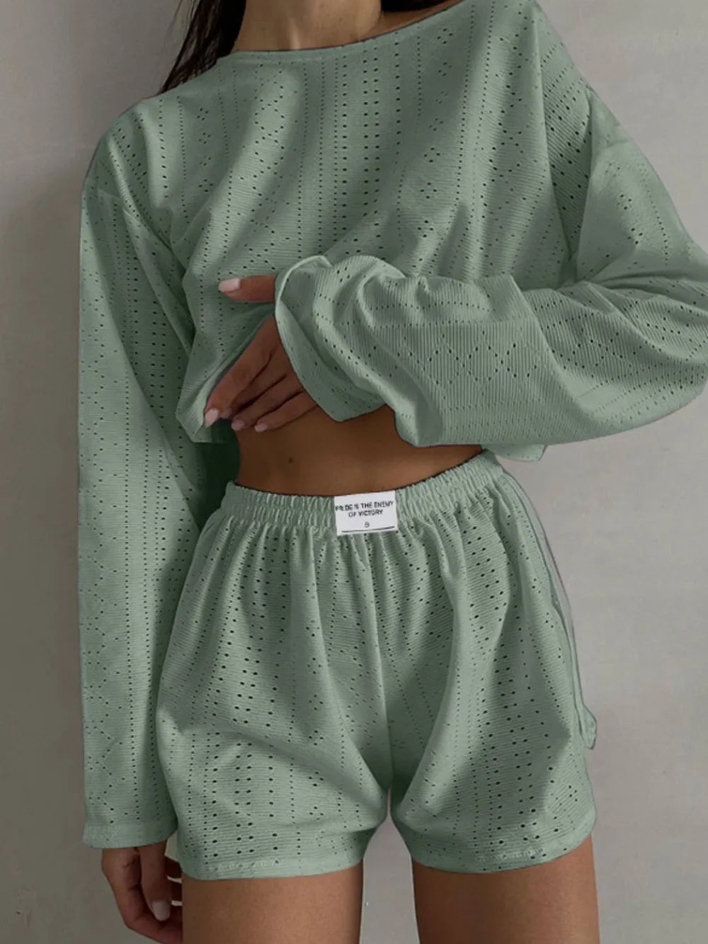 Eyelet Round Neck Top Shorts Set (7)
