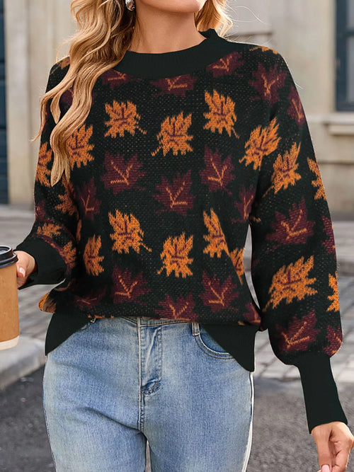 Autumn Leaf Pattern Mock Neck Sweater (2)
