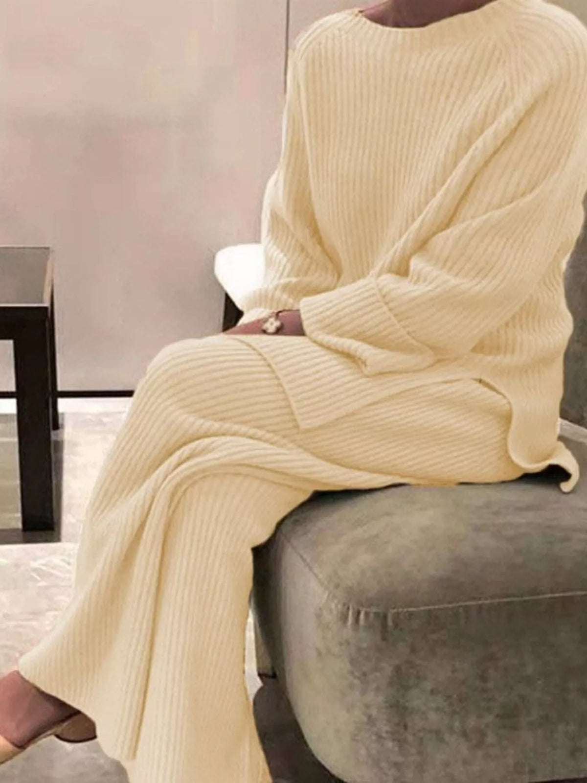 Full Size Ribbed Knit Relaxed Fit Top Pants Sweater Set Plus (4)
