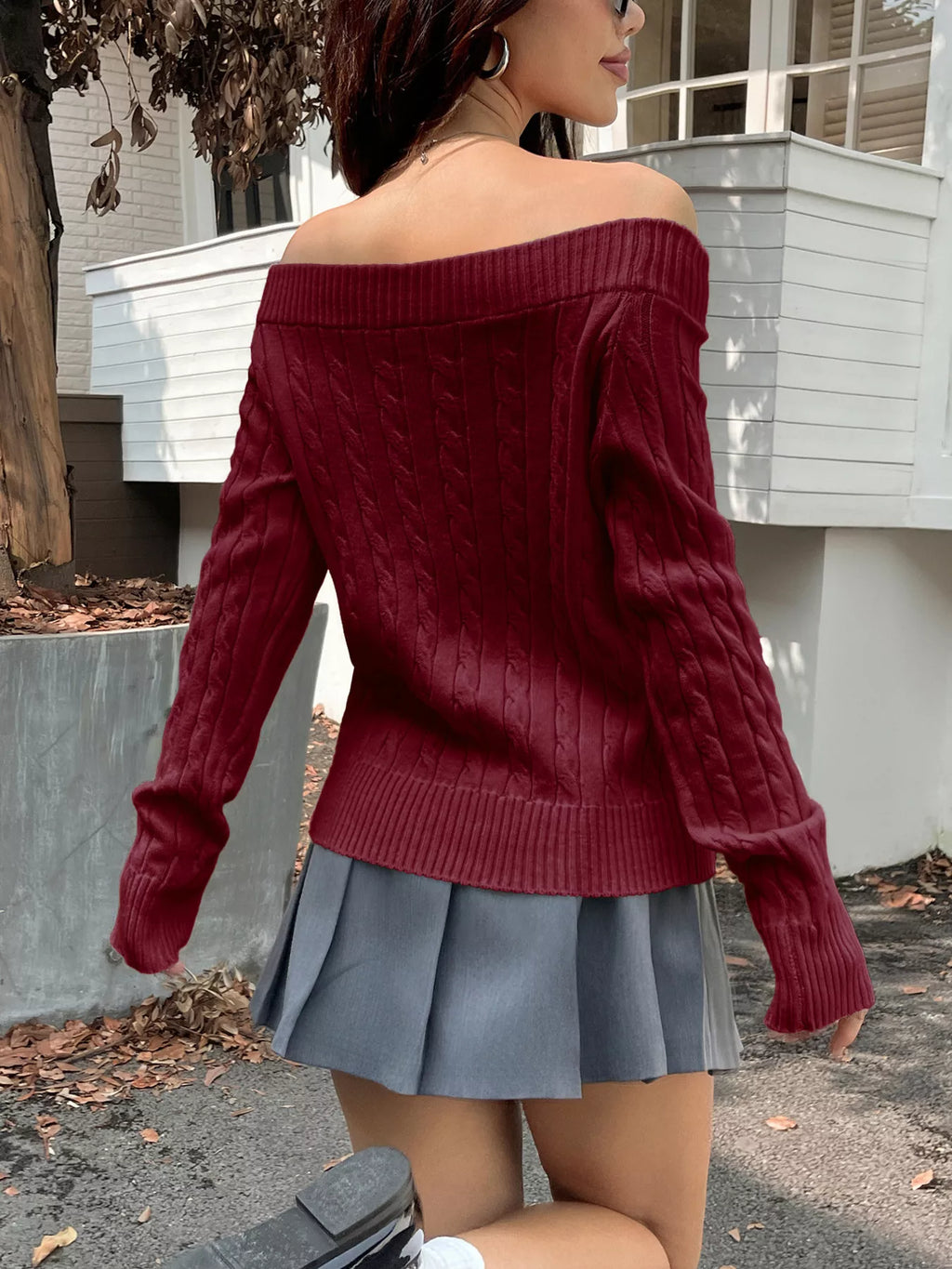 Off-shoulder Cable Knit Sweater (9)