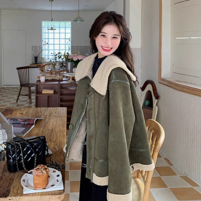 Korean-style Retro Green Suede Lambswool Coat variant CJYD230583901AZ|CJYD230583902BY|CJYD230583903CX|CJYD230583904DW