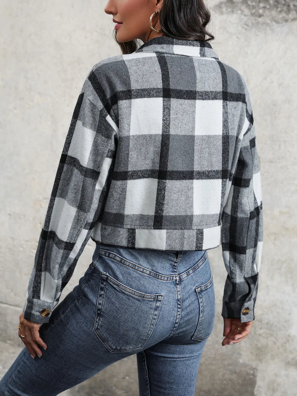 Plaid Button Up Drop Shoulder Cropped Jacket (17)