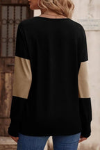 Decorative Button Contrast V-neck Long Sleeve T-shirt (3)