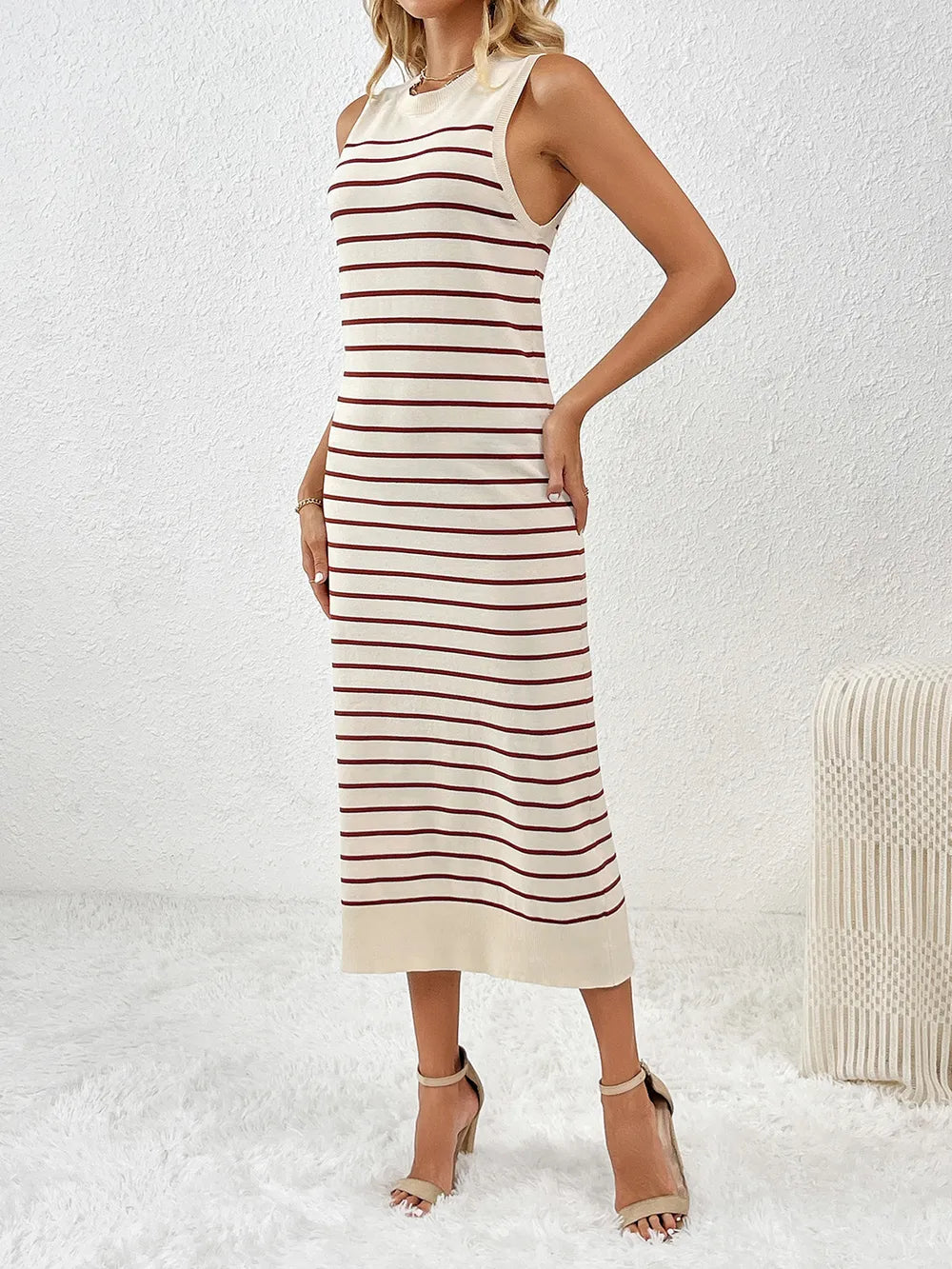 Round Neck Sleeve Midi Knit Dress (5)