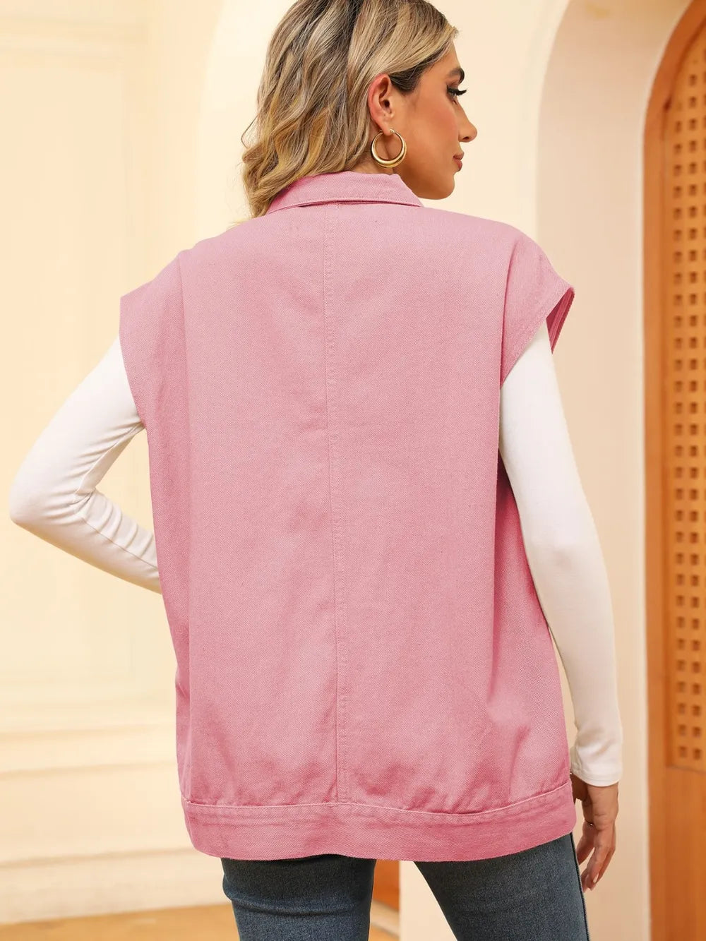 Pocketed Button Up Sleeveless Denim Jacket (9)