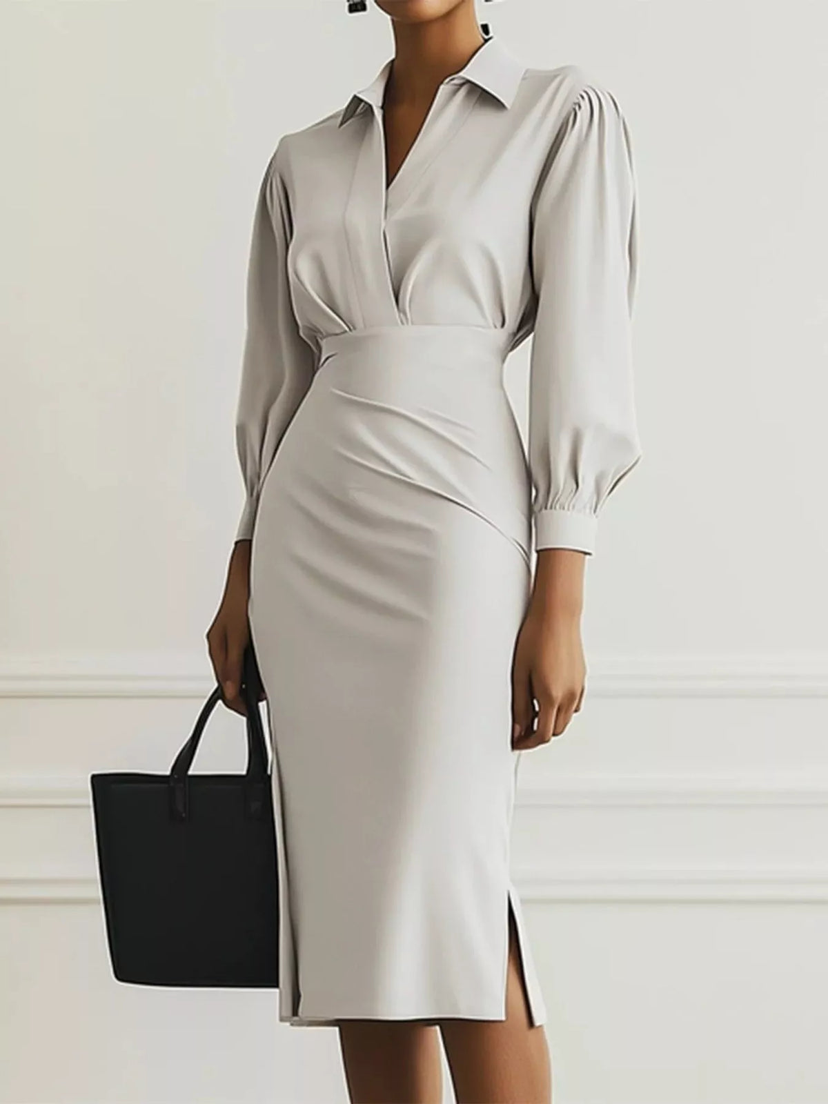 Ruched Midi Shirt Dress Side Slit (4)