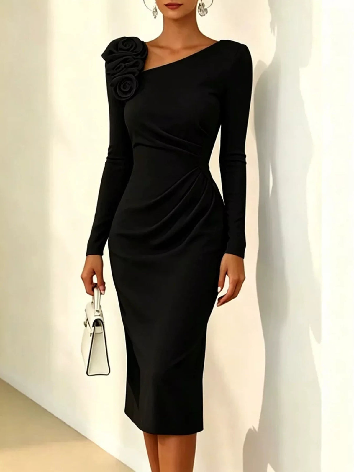 Rose Embellished Asymmetrical Neck Midi Dress (7)