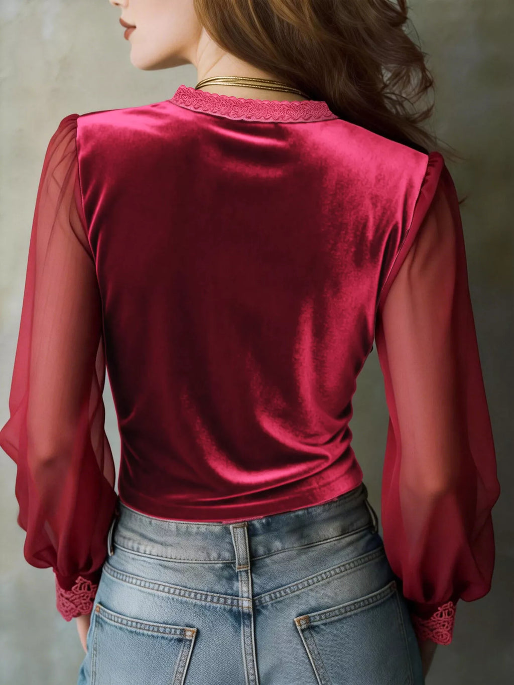 Lace Trim Sheer Long Sleeve Blouse (9)