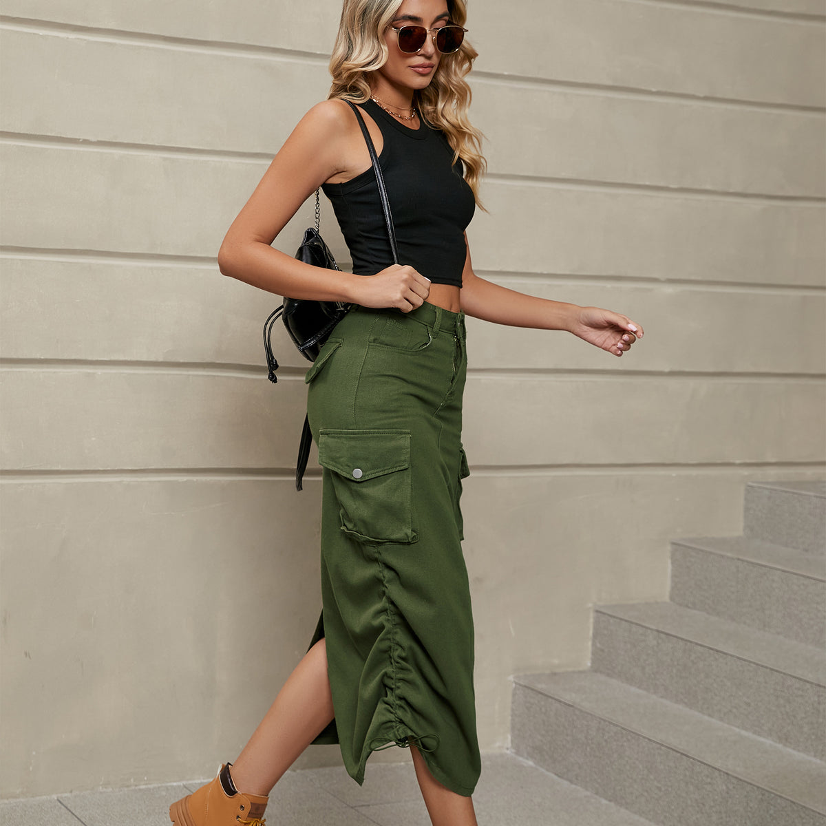 Drawstring Ruched Slit Denim Midi Skirt (23)