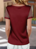 Polka Dot Mesh Sleeve Satin Short Sleeve Top (5)
