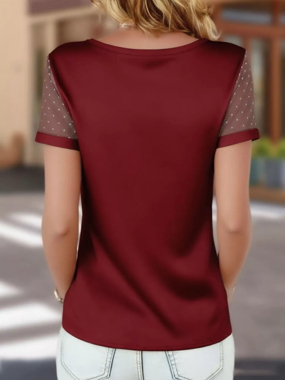 Polka Dot Mesh Sleeve Satin Short Sleeve Top (5)