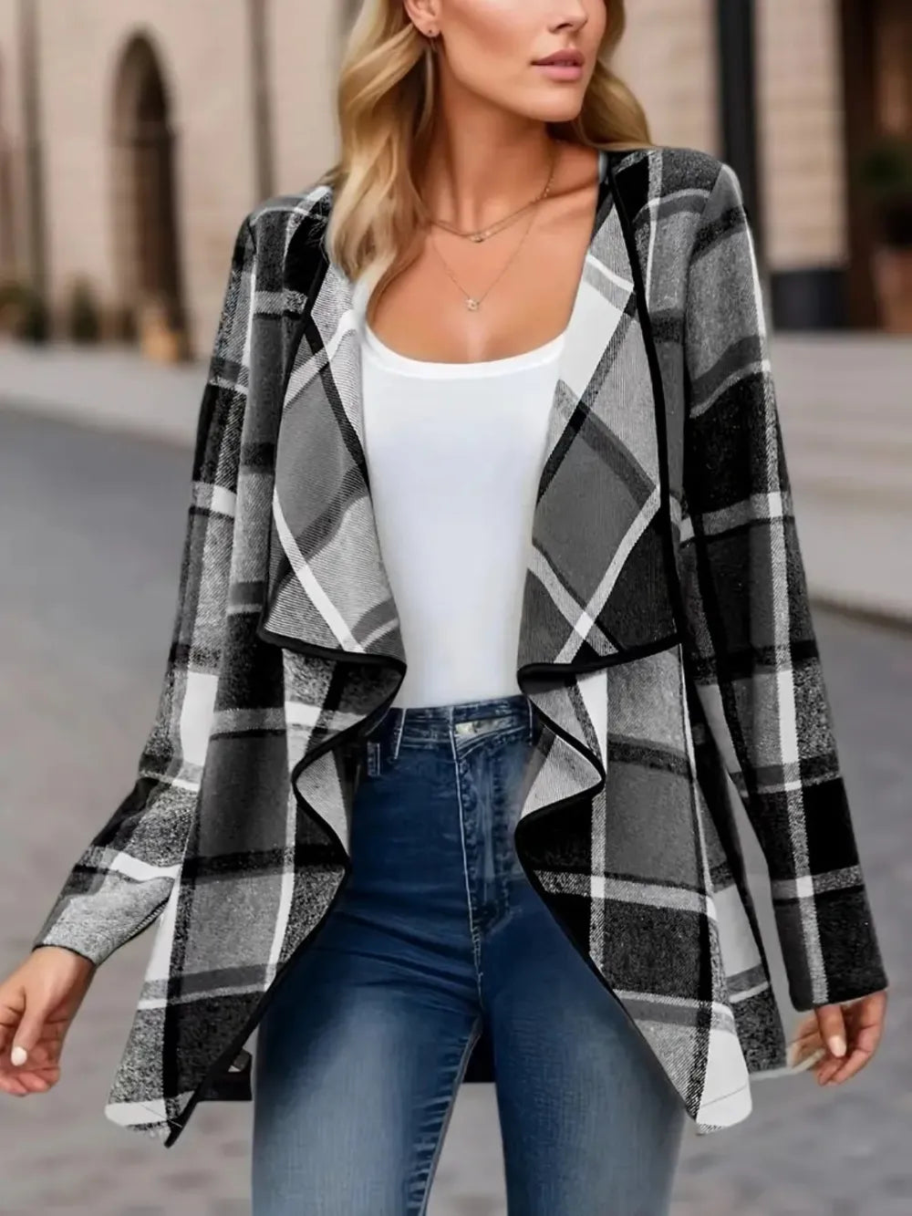 Plaid Open Front Long Sleeve Jacket (10)