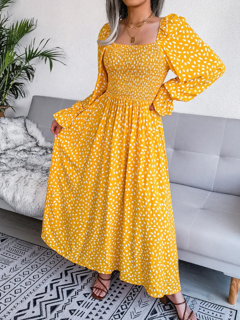 Smocked Square Neck Flounce Sleeve Dress (2)