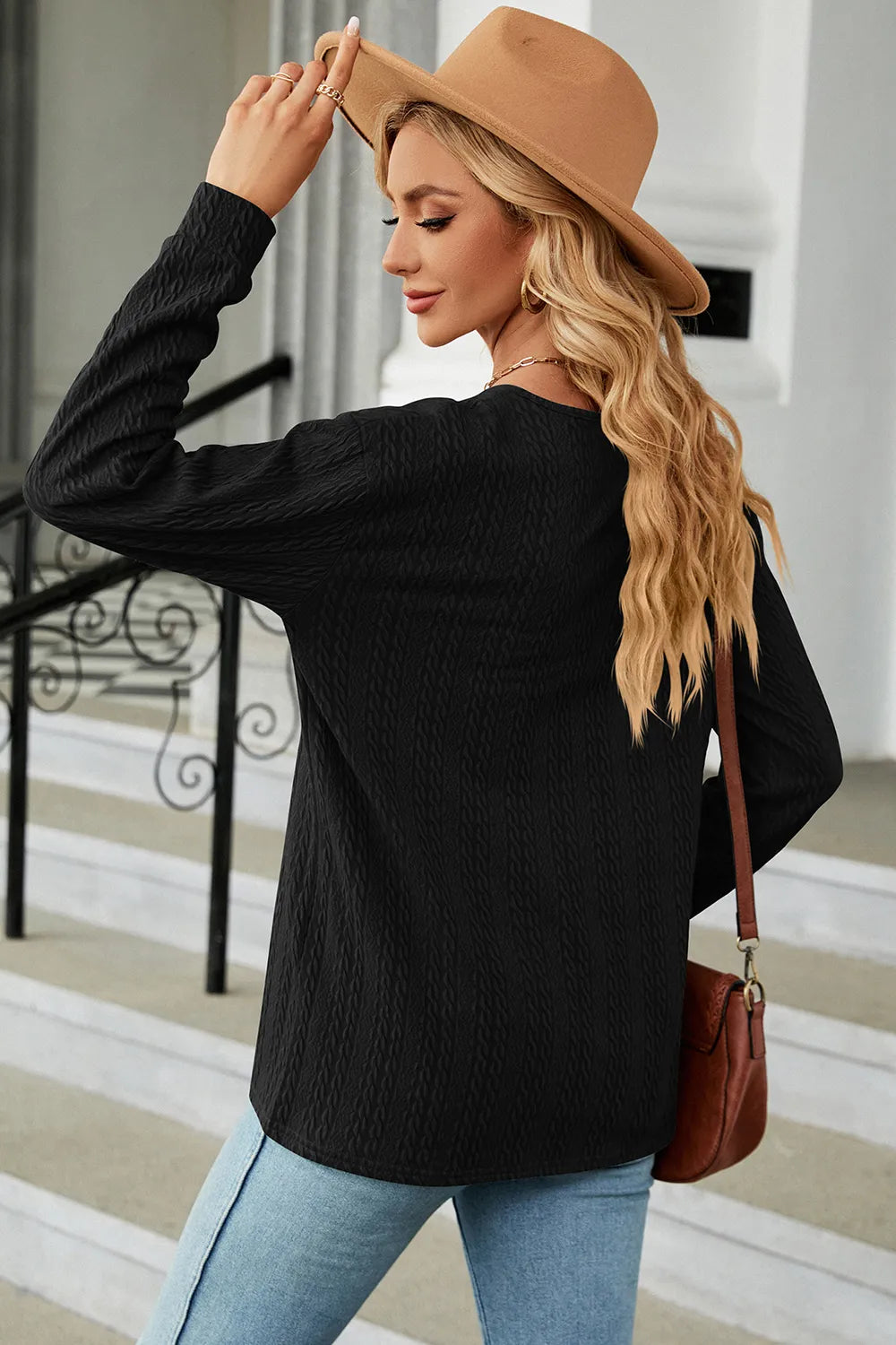 Decorative Button V-neck Long Sleeve T-shirt (15)