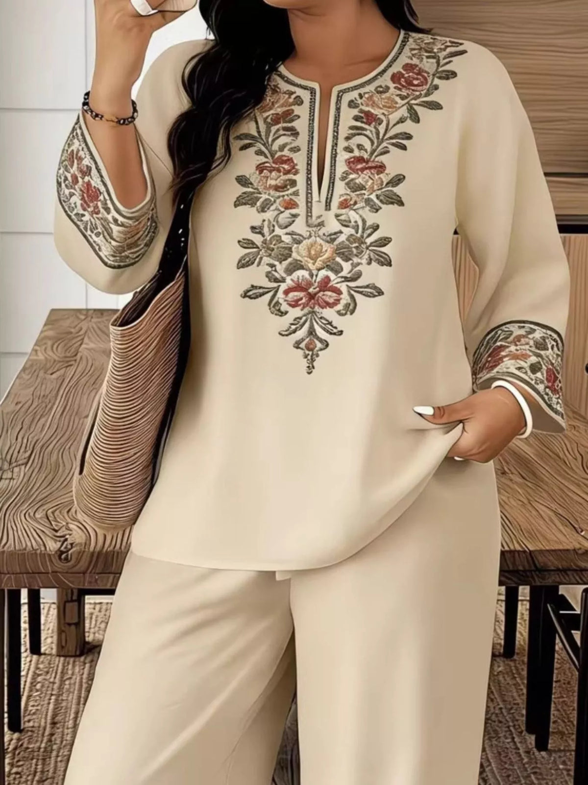 Full Size Embroidered Long Sleeve Top Pants Set Plus (4)