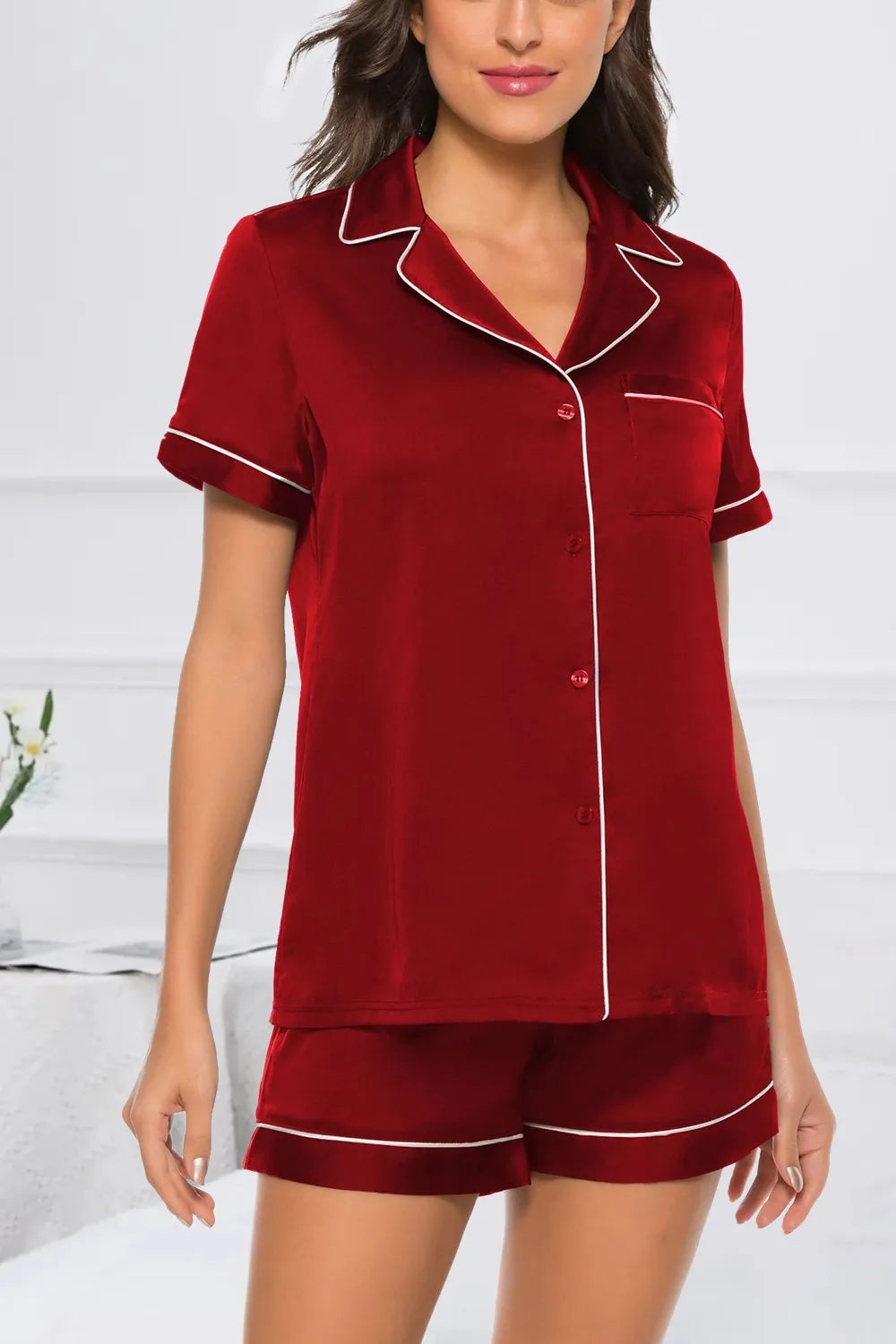 Printed Button Up Short Sleeve Top Shorts Lounge Set (25)
