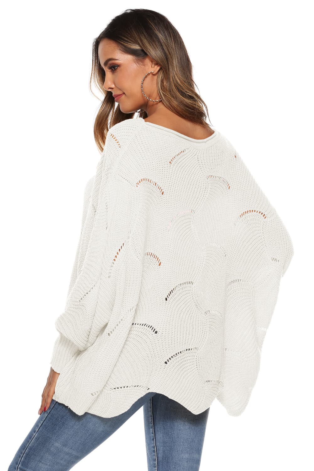 Round Neck Long Sleeve Openwork Sweater (9)