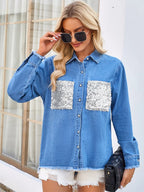 Raw Hem Button Up Long Sleeve Denim Jacket Sequin Pockets (8)