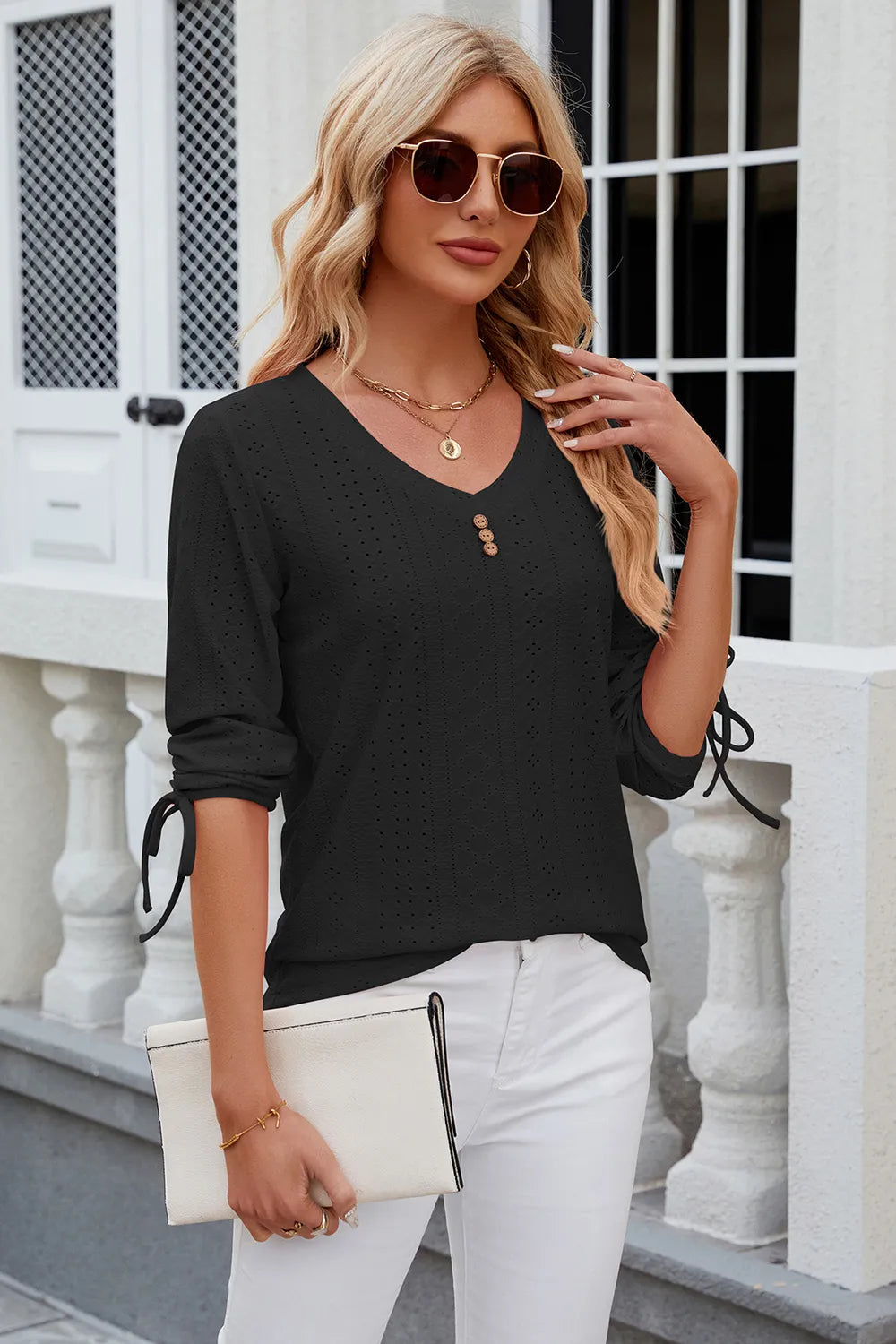 Eyelet Drawstring V-neck Half Sleeve T-shirt (7)