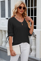 Eyelet Drawstring V-neck Half Sleeve T-shirt (7)