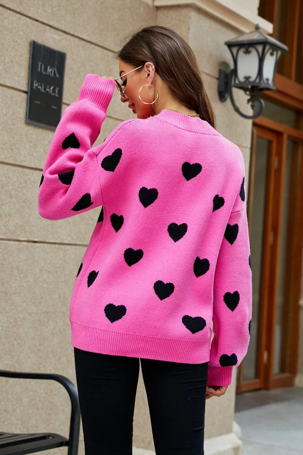 Heart Pattern Lantern Sleeve Round Neck Tunic Sweater (12)