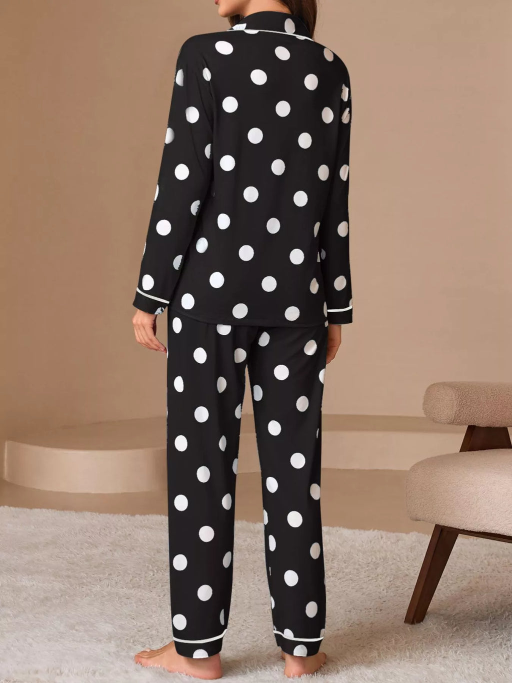 Polka Dot Button-down Top Pants Lounge Set (12)